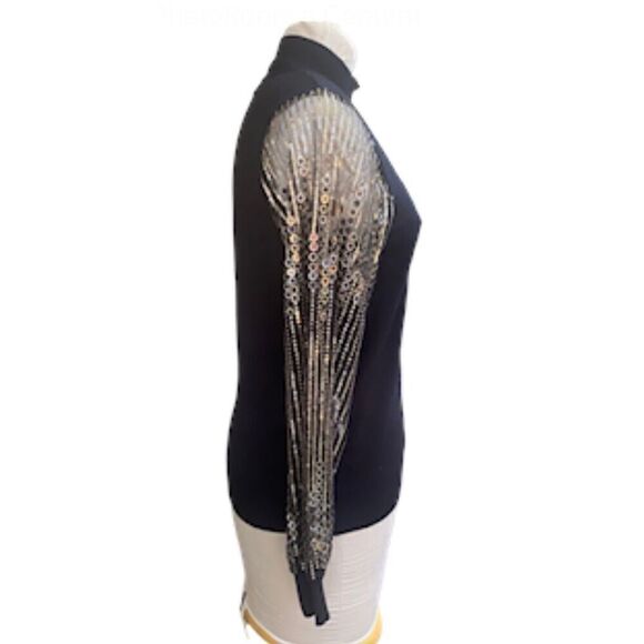 Tahari Sheer Sequin Sleeve Mock Neck Top Sz L Holidays, New Years Eve - Picture 5 of 10
